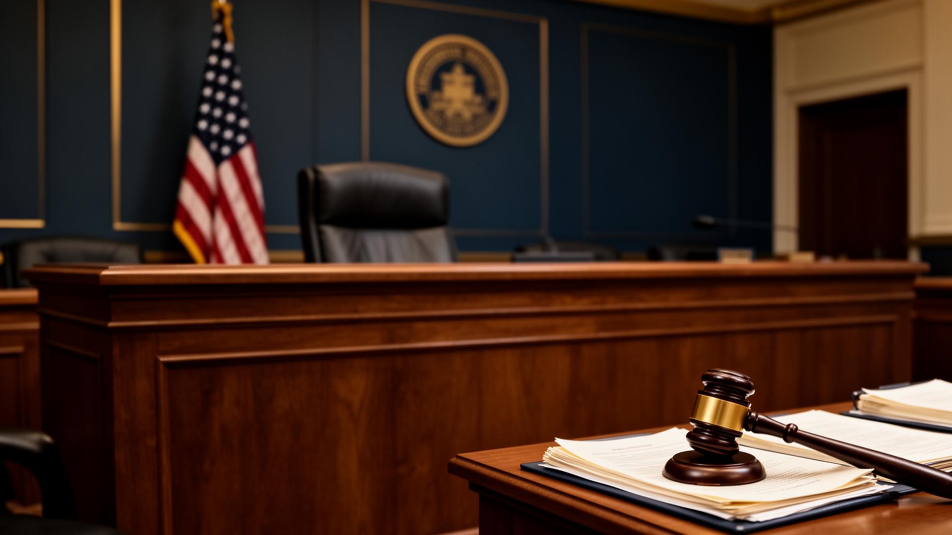 Empty immigration courtroom symbolizing removal proceedings defense